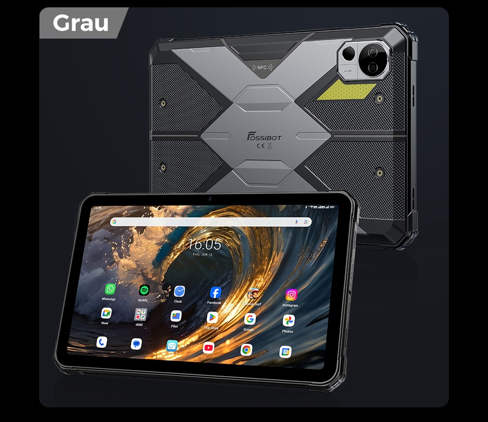 FOSSiBOT DT3 5G Rugged Tablet, Android 15, 10,4 Zoll 1200x2000 Display, 12GB RAM 256GB ROM, WiFi 6, 21560mAh Akku 66W Schnellladung, 64MP+32MP Kamera, LED-Taschenlampe, NFC, GPS/GALILEO/GLONASS/QZSS/BEIDOU/NavIC, Fingerabdruck- & Face ID-Entsperrung - Blau