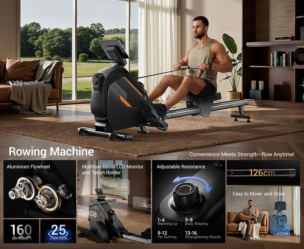 ROBORE UR30 Rower Machine with 126cm Extended Track, 16-Level Magnetic Resistance, 160kg Weight Capacity, Silent Operation