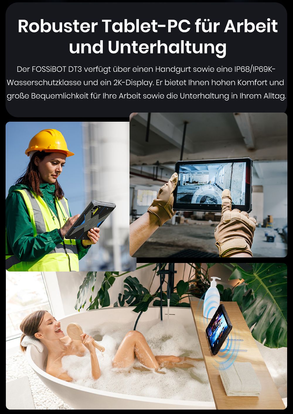 FOSSiBOT DT3 5G Rugged Tablet, Android 15, 10,4 Zoll 1200x2000 Display, 12GB RAM 256GB ROM, WiFi 6, 21560mAh Akku 66W Schnellladung, 64MP+32MP Kamera, LED-Taschenlampe, NFC, GPS/GALILEO/GLONASS/QZSS/BEIDOU/NavIC, Fingerabdruck- & Face ID-Entsperrung - Grau