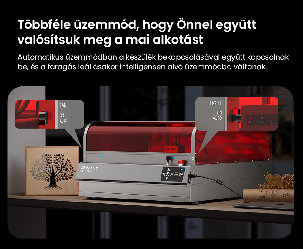 Creality Falcon2 Pro 40W-os lézergravírozó vágó, FDA 1. osztályú biztonsági tanúsítvány, füstelszívás, integrált légrásegítés, beépített kamera, kerítés típusú védőcsík, tűz- / légáramlás- / lencsefigyelés, 400*415mm