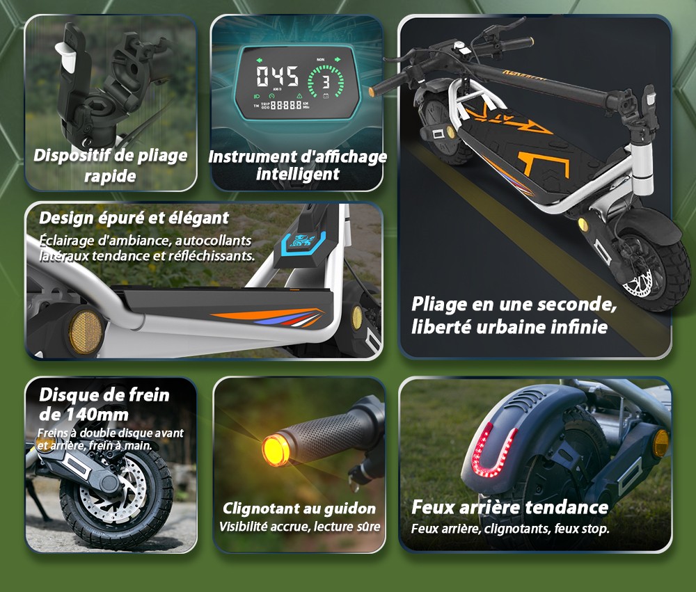 Kukirin A1 Trottinette électrique pliable, moteur 800 W, batterie 48 V 13 Ah, pneu à vide de 10 pouces, vitesse maximale de 45 km/h, autonomie de 45 km, freins à disque avant et arrière, amortisseurs avant et arrière