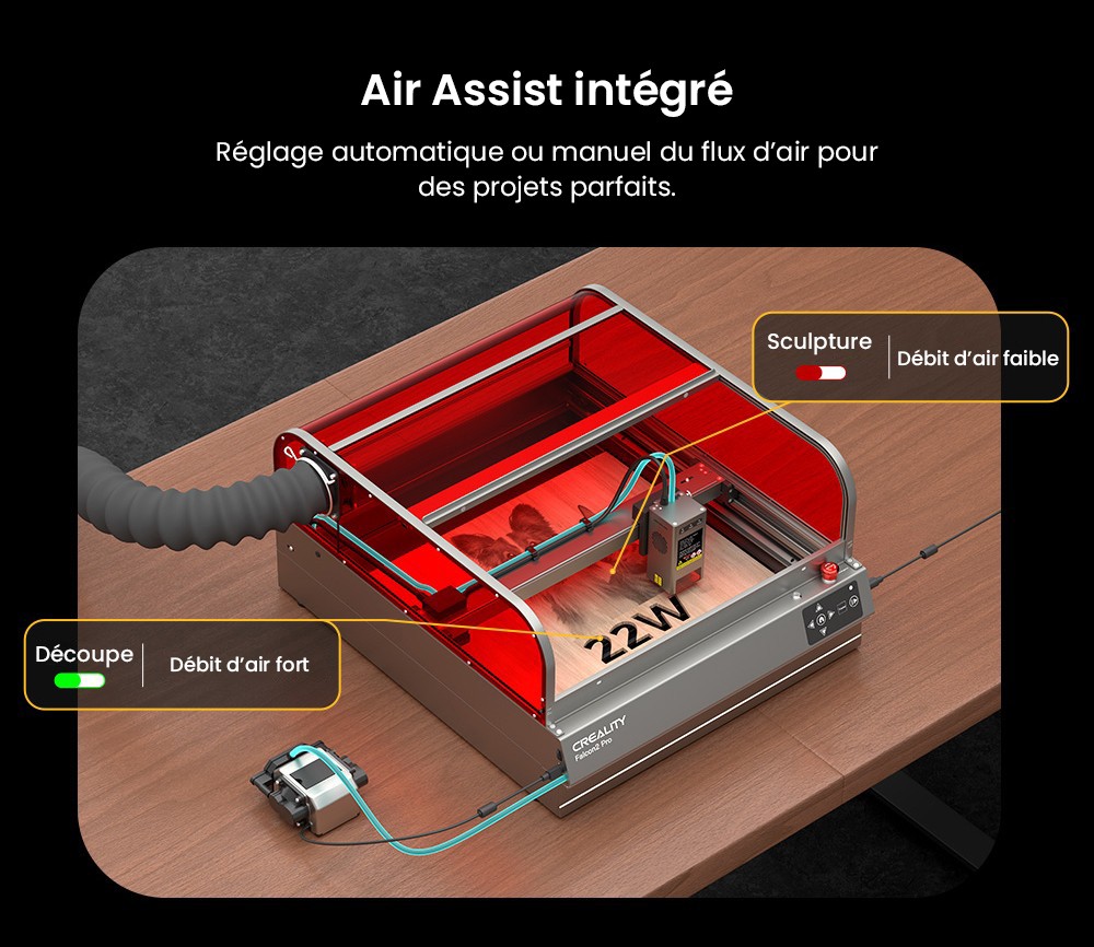 Graveur laser Creality Falcon2 Pro 40 W, certification de sécurité FDA classe 1, évacuation des fumées, assistance d'air intégrée, caméra intégrée, bande de protection de type clôture, surveillance incendie/flux d'air/lentille, 400 x 415 mm