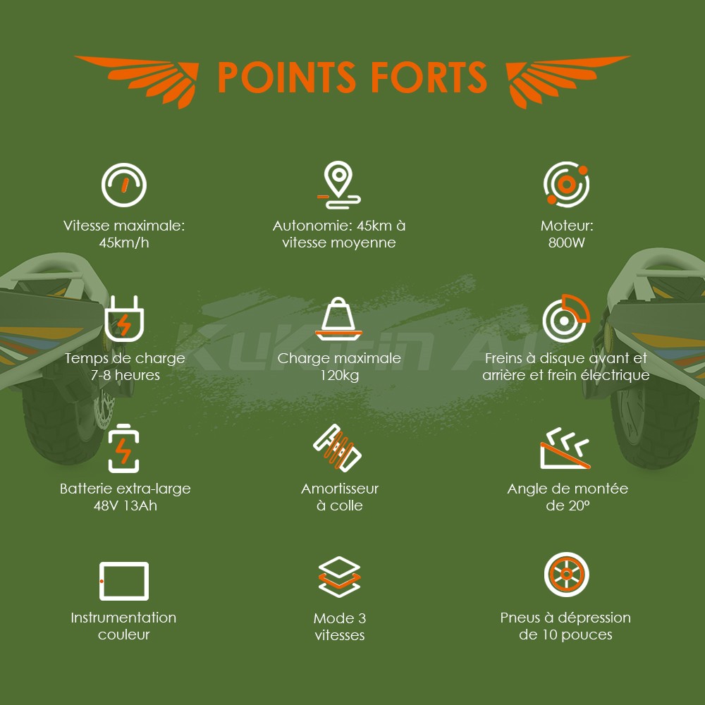 Kukirin A1 Trottinette électrique pliable, moteur 800 W, batterie 48 V 13 Ah, pneu à vide de 10 pouces, vitesse maximale de 45 km/h, autonomie de 45 km, freins à disque avant et arrière, amortisseurs avant et arrière