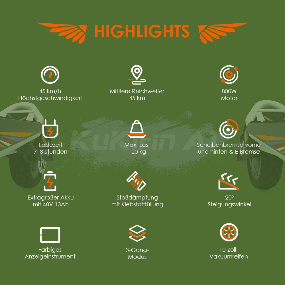 Kukirin A1 Faltbarer Elektroroller, 800-W-Motor, 48-V-13-Ah-Akku, 10-Zoll-Vakuumreifen, 45 km/h Höchstgeschwindigkeit, 45 km Reichweite, Scheibenbremse vorne und hinten, Stoßdämpfung vorne und hinten