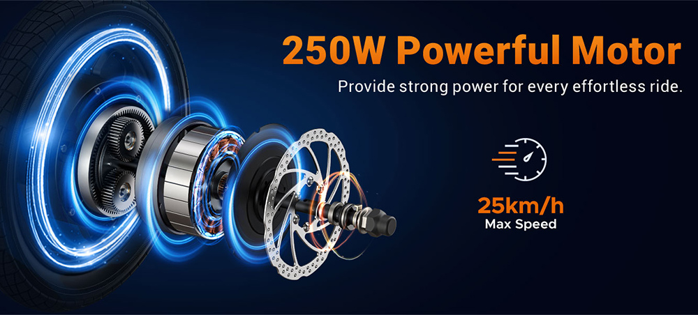 HillMiles Mile 1 Electric Bike, 250W Motor, 36V 10.4Ah Battery, 14 inch Tires, 25km/h Max Speed, 60km Range, Mechanical Disc Brakes, Front Fork Suspension - Blue