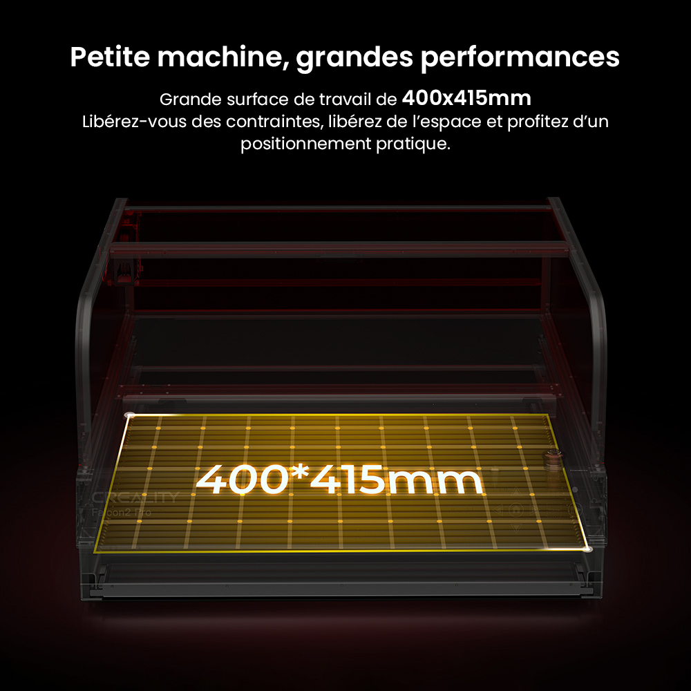 Graveur laser Creality Falcon2 Pro 40 W, certification de sécurité FDA classe 1, évacuation des fumées, assistance d'air intégrée, caméra intégrée, bande de protection de type clôture, surveillance incendie/flux d'air/lentille, 400 x 415 mm