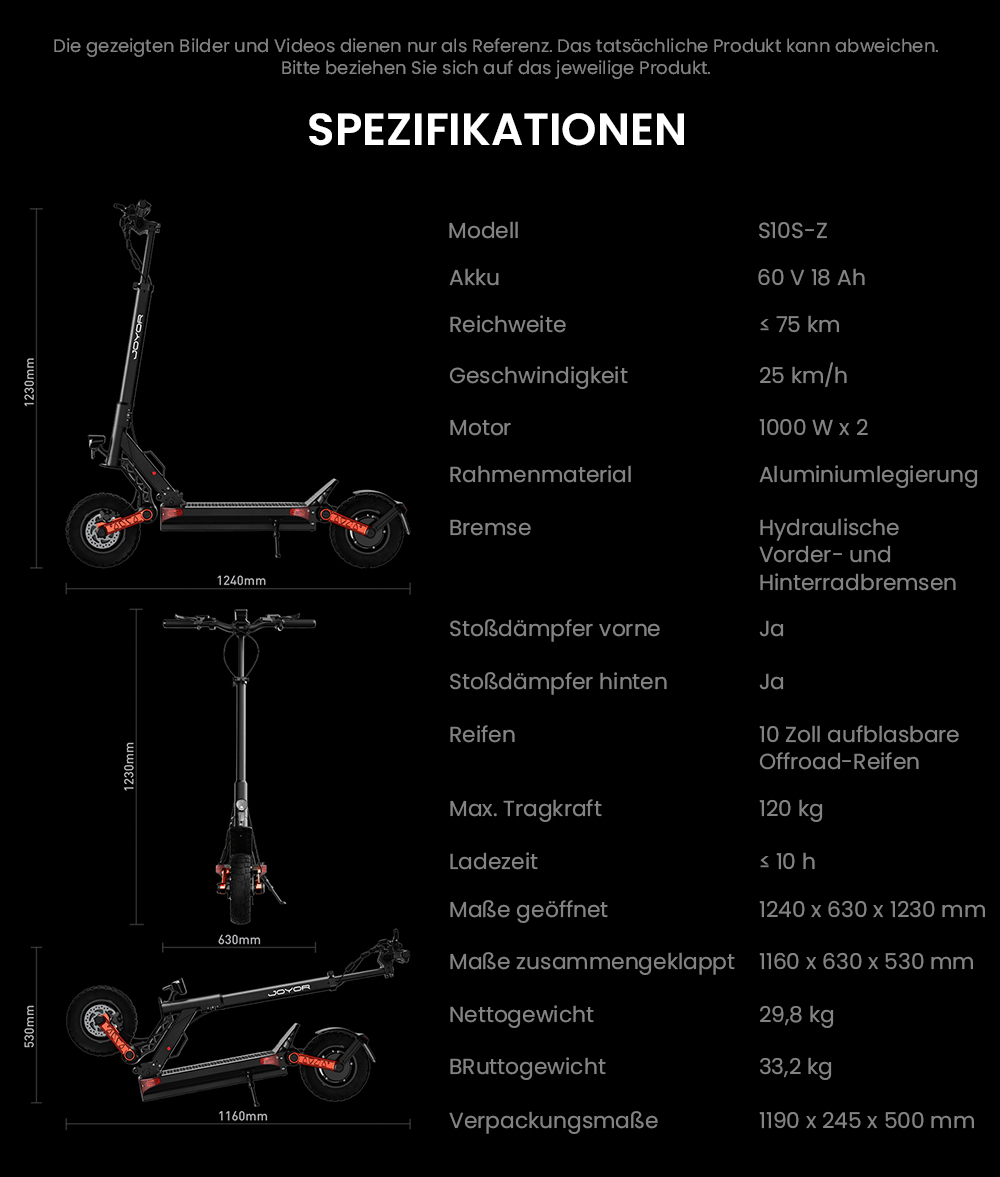 Joyor S10-S-Z Elektroroller, 60 V 18 Ah Akku, 1000 W Dual-Motor, 65 km/h Höchstgeschwindigkeit, 70-85 km maximale Fahrtstrecke, Schwarz