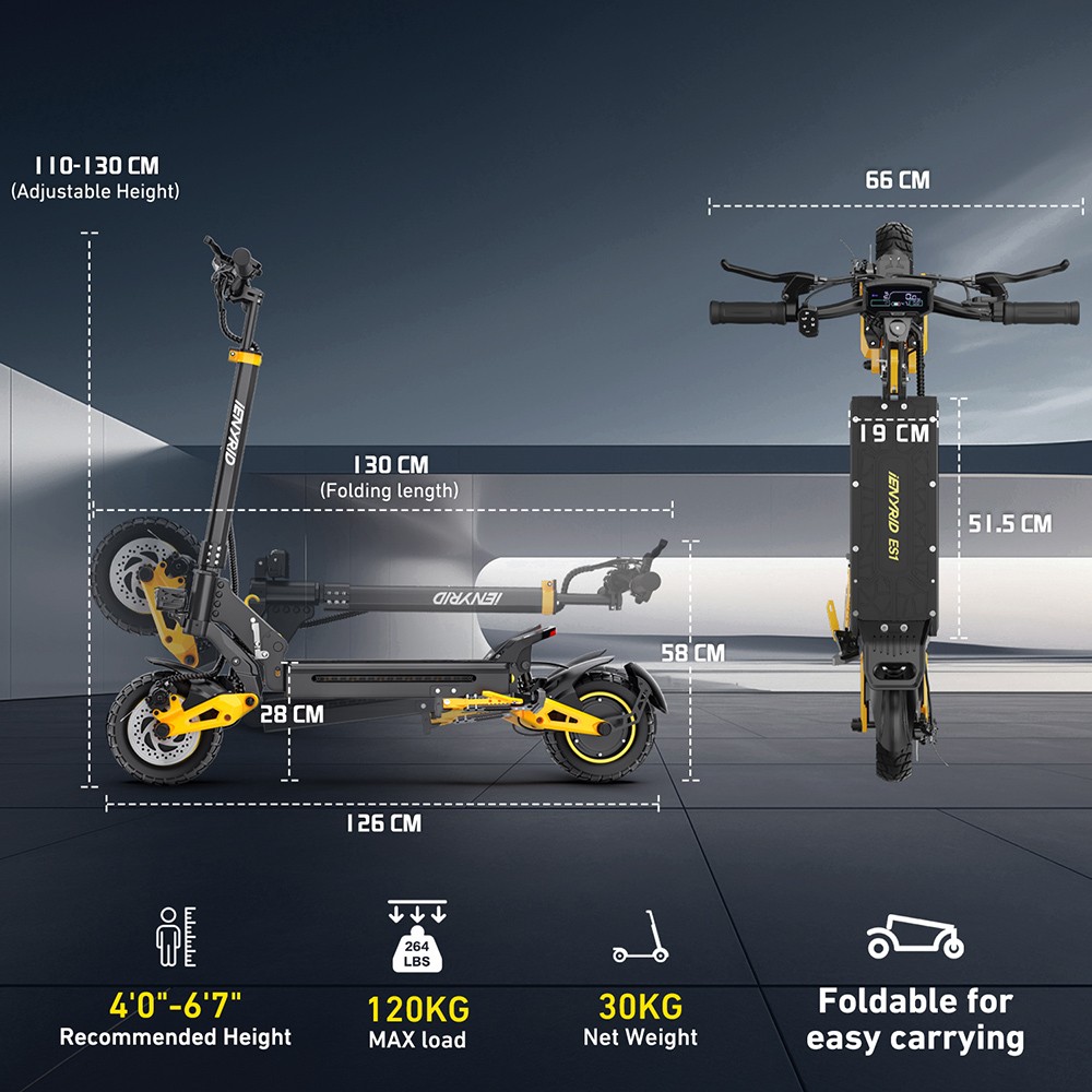 iENYRID ES1 Trottinette électrique, moteur 250 W x 2, batterie 48 V 20,8 Ah, pneus tout-terrain 10 pouces, vitesse maximale 25 km/h, autonomie 60 km, freins à double disque, suspension à ressort hydraulique avant et arrière, régulateur de vitesse