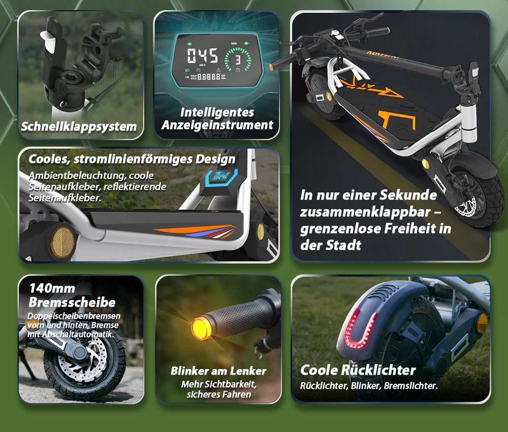 Kukirin A1 Faltbarer Elektroroller, 800-W-Motor, 48-V-13-Ah-Akku, 10-Zoll-Vakuumreifen, 45 km/h Höchstgeschwindigkeit, 45 km Reichweite, Scheibenbremse vorne und hinten, Stoßdämpfung vorne und hinten