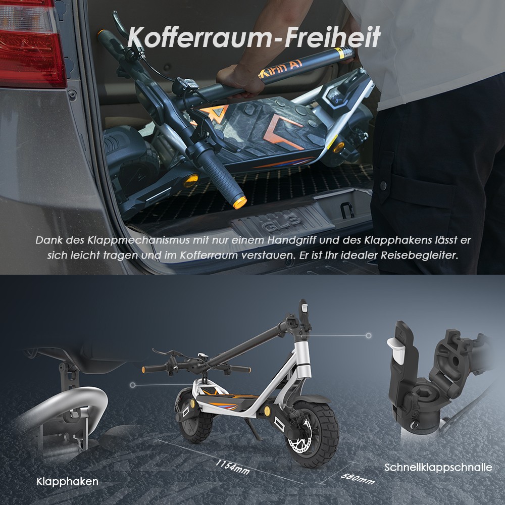 Kukirin A1 Faltbarer Elektroroller, 800-W-Motor, 48-V-13-Ah-Akku, 10-Zoll-Vakuumreifen, 45 km/h Höchstgeschwindigkeit, 45 km Reichweite, Scheibenbremse vorne und hinten, Stoßdämpfung vorne und hinten