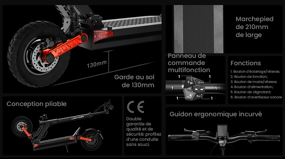 Joyor S10-S-Z Trottinette électrique, Pneus tout-terrain 10 pouces, Batterie 60V 18Ah, Double moteur 1000W*2, Autonomie 70-85KM, Charge 120KG, Freins à disque hydrauliques doubles, Amortisseur, Clignotant, Mise à jour de S10-S - Noir