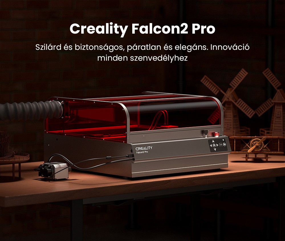 Creality Falcon2 Pro 40W-os lézergravírozó vágó, FDA 1. osztályú biztonsági tanúsítvány, füstelszívás, integrált légrásegítés, beépített kamera, kerítés típusú védőcsík, tűz- / légáramlás- / lencsefigyelés, 400*415mm