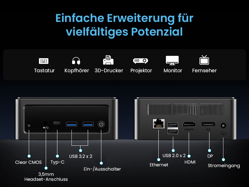 BMAX B9 Power Mini-PC, Intel Core i9-12900H 14 Kerne, max. 5,0 GHz, 32 GB RAM, 1 TB SSD, DP+HDMI+Typ-C 4K-Dreifachdisplay, unterstützt dynamisches HDR, WiFi 6, Bluetooth 5.2, 2 x USB 3.2, 2 x USB 2.0, 1 x RJ45, 1 x 3,5-mm-Headset-Buchse