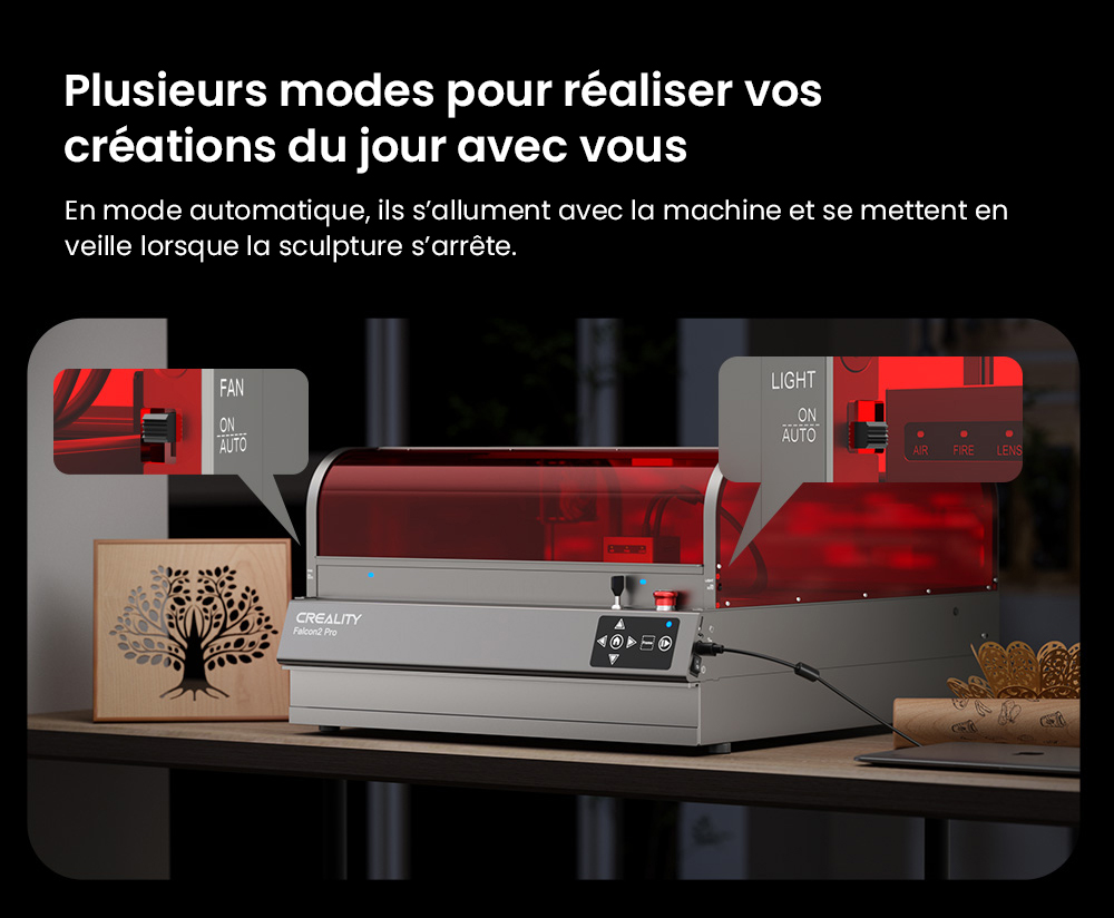 Graveur laser Creality Falcon2 Pro 40 W, certification de sécurité FDA classe 1, évacuation des fumées, assistance d'air intégrée, caméra intégrée, bande de protection de type clôture, surveillance incendie/flux d'air/lentille, 400 x 415 mm