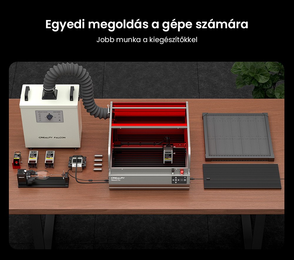 Creality Falcon2 Pro 40W-os lézergravírozó vágó, FDA 1. osztályú biztonsági tanúsítvány, füstelszívás, integrált légrásegítés, beépített kamera, kerítés típusú védőcsík, tűz- / légáramlás- / lencsefigyelés, 400*415mm