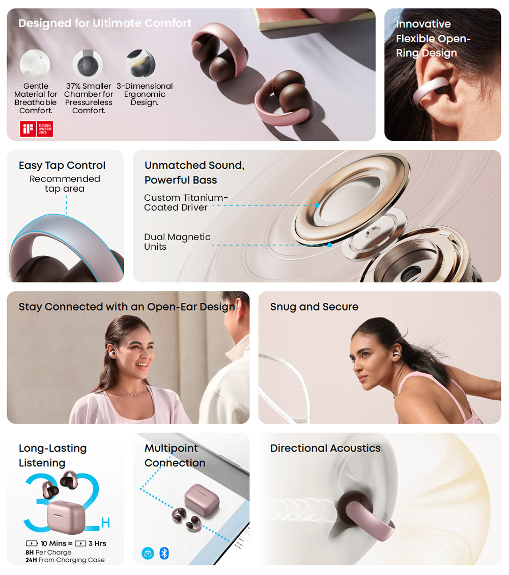 Anker Soundcore AeroClip Open-Ear Clip-On Earbuds, Snug and Secure, IPX4 Water-Resistant, Dynamic Voice Capture, Long-Lasting
Listening - Pink