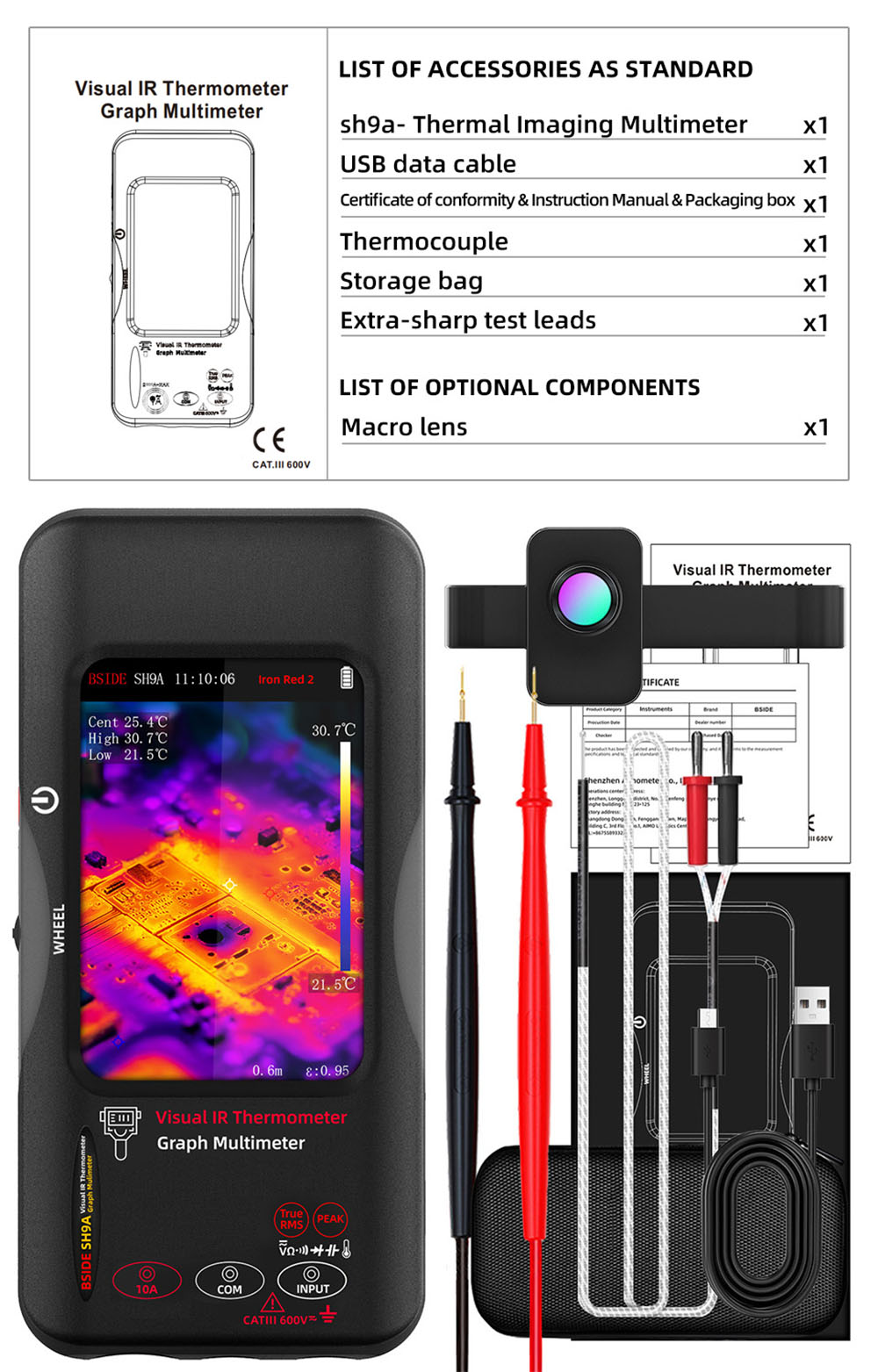 BSIDE SH9A Thermal Imager Multimeter, 3.98 inch Touchscreen, 15 Pseudo-color Modes, 320*428 Resolution