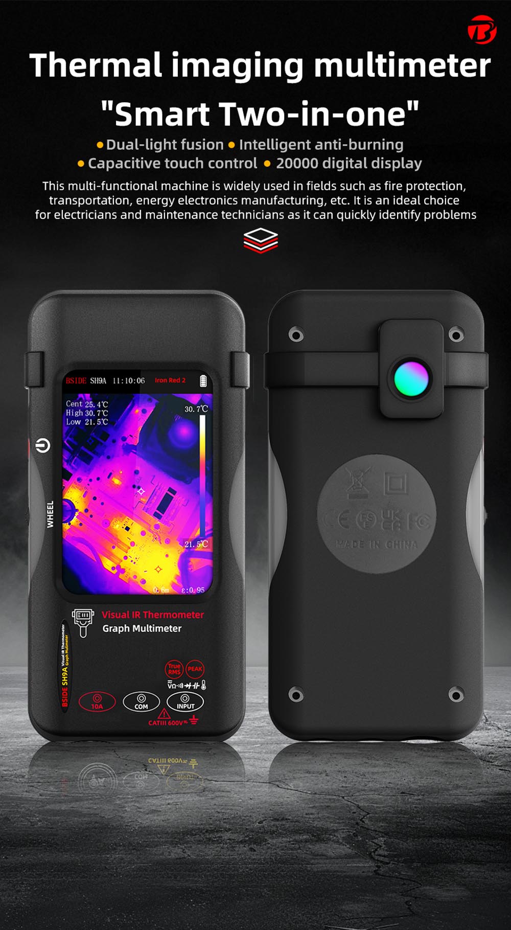 BSIDE SH9A Thermal Imager Multimeter, 3.98 inch Touchscreen, 15 Pseudo-color Modes, 320*428 Resolution