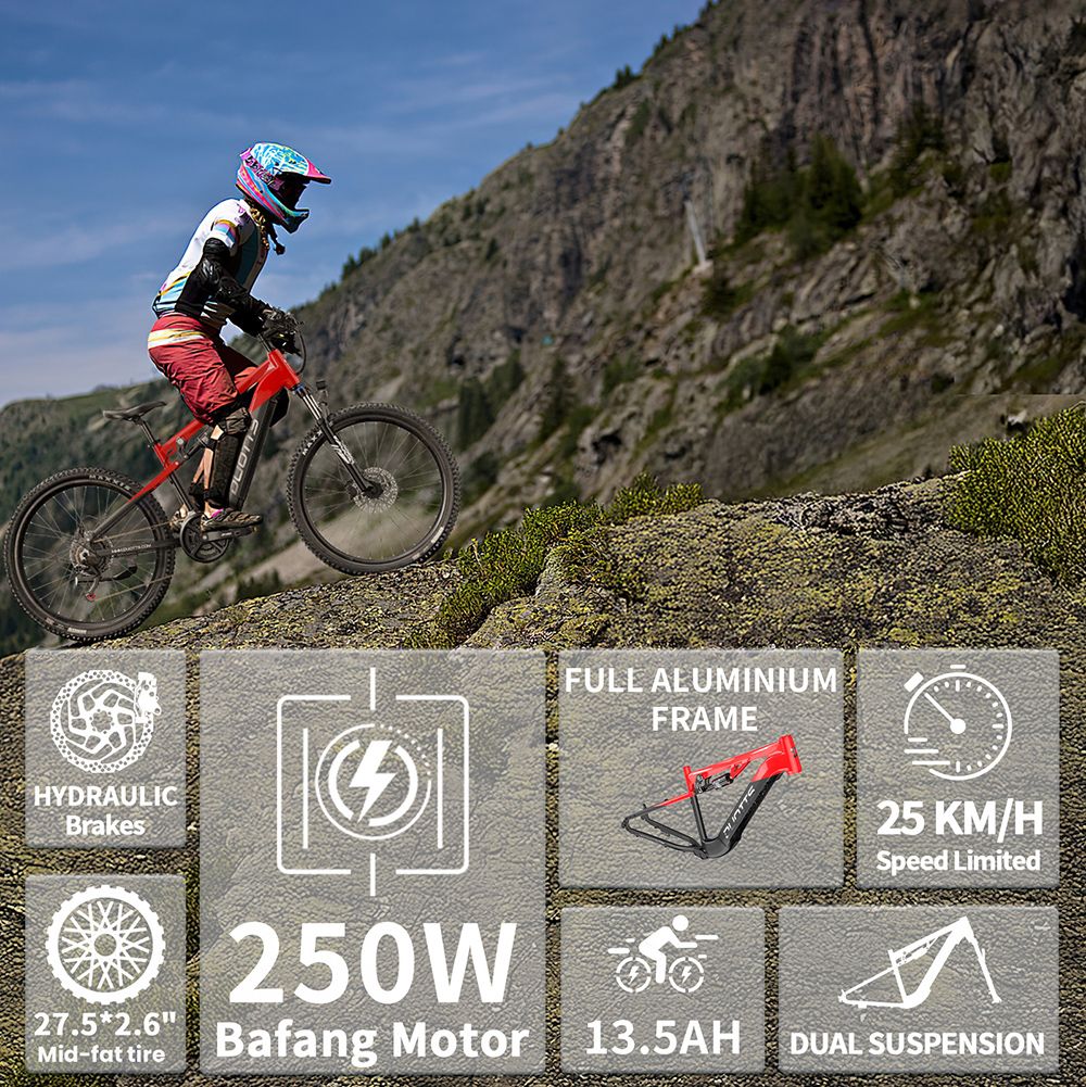 DUOTTS E29 Elektrofahrrad, 250-W-Motor, 48-V-13,5-Ah-Akku, 27,5-Zoll-Reifen, 25 km/h Höchstgeschwindigkeit, 90 km Reichweite, hydraulische Shimano-Scheibenbremsen, DNM-Luftfederung, Shimano 14-Gang, Drehmomentsensor – Schwarz Rot