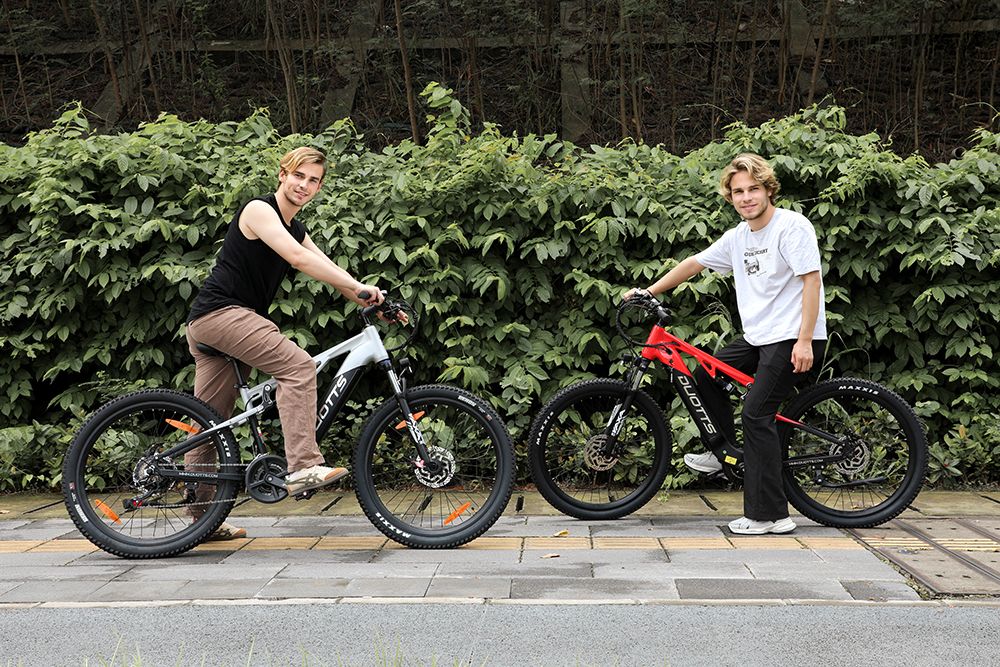 DUOTTS E29 Elektrofahrrad, 250-W-Motor, 48-V-13,5-Ah-Akku, 27,5-Zoll-Reifen, 25 km/h Höchstgeschwindigkeit, 90 km Reichweite, hydraulische Shimano-Scheibenbremsen, DNM-Luftfederung, Shimano 14-Gang, Drehmomentsensor – Schwarz Rot