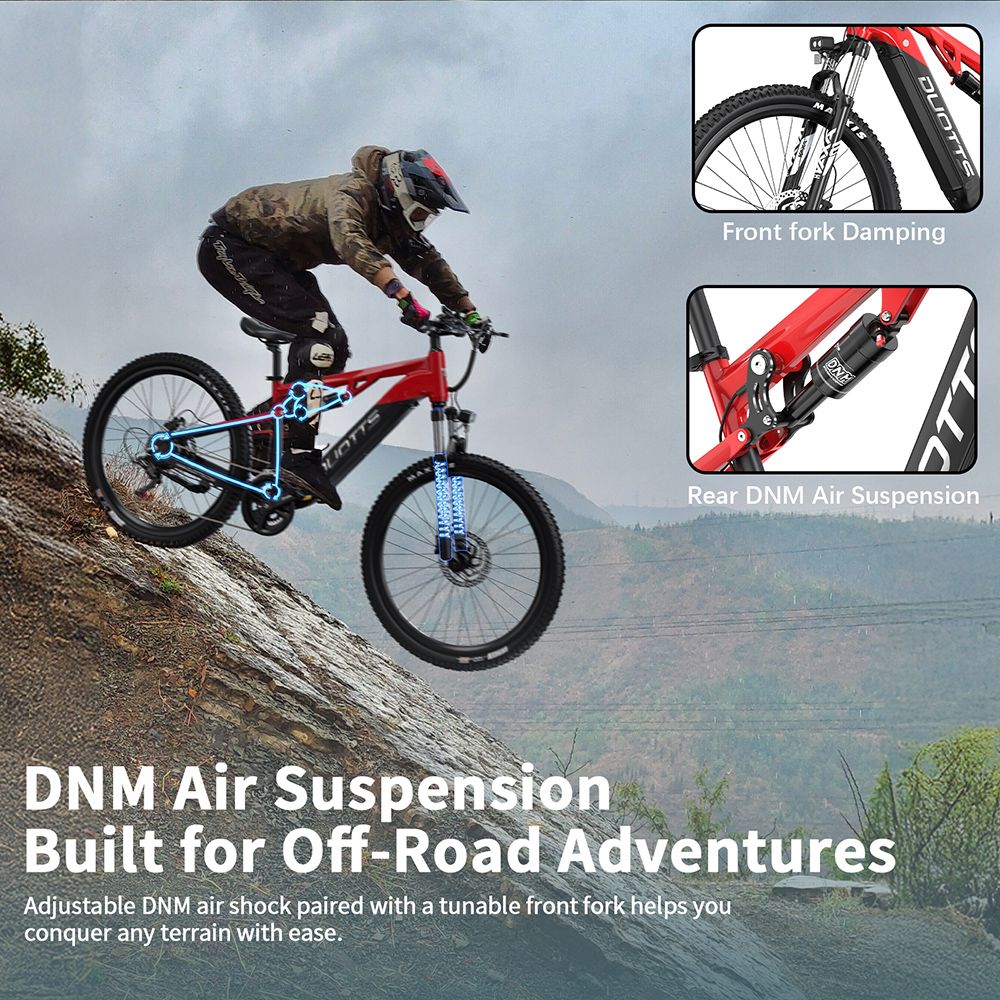 DUOTTS E29 Elektrofahrrad, 250-W-Motor, 48-V-13,5-Ah-Akku, 27,5-Zoll-Reifen, 25 km/h Höchstgeschwindigkeit, 90 km Reichweite, hydraulische Shimano-Scheibenbremsen, DNM-Luftfederung, Shimano 14-Gang, Drehmomentsensor – Schwarz Rot