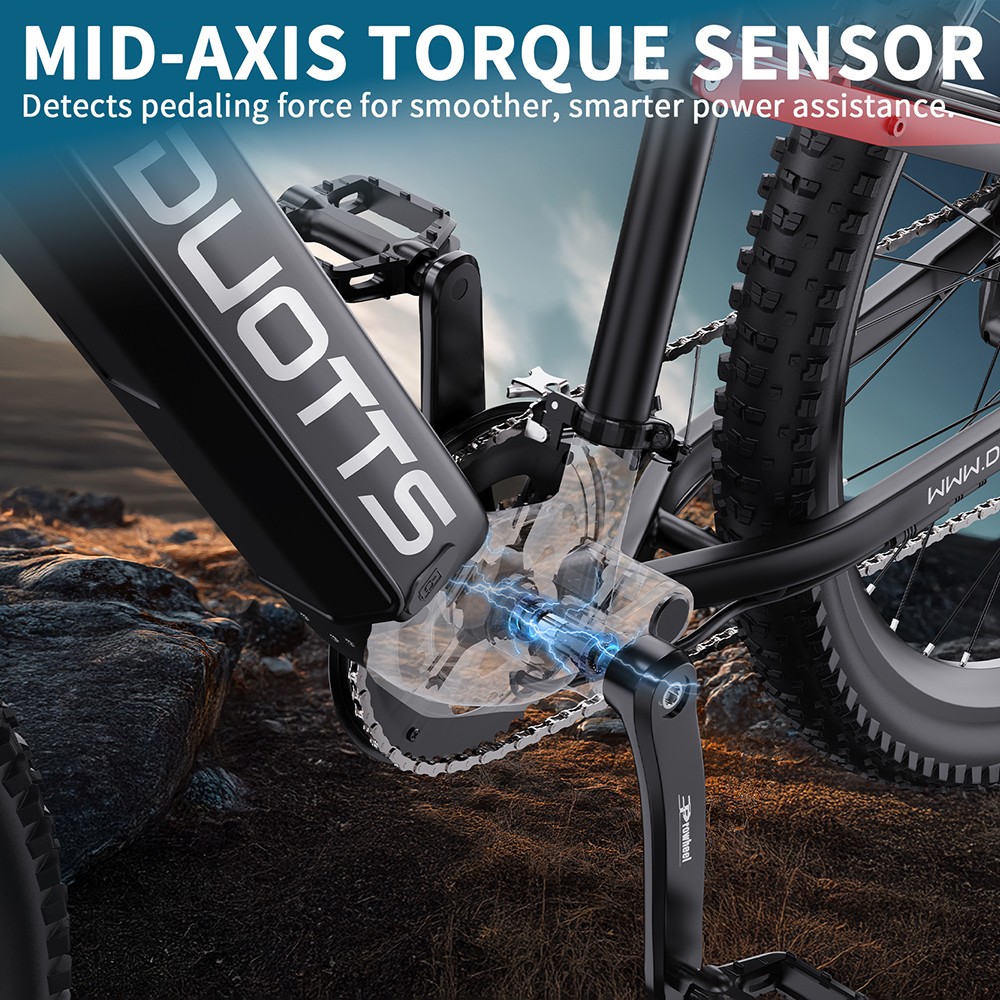 DUOTTS E29 Elektrofahrrad, 250-W-Motor, 48-V-13,5-Ah-Akku, 27,5-Zoll-Reifen, 25 km/h Höchstgeschwindigkeit, 90 km Reichweite, hydraulische Shimano-Scheibenbremsen, DNM-Luftfederung, Shimano 14-Gang, Drehmomentsensor – Schwarz Rot