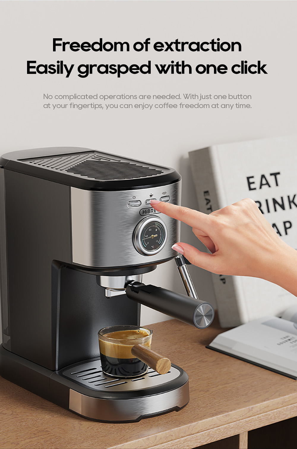 HIBREW H5A Félautomata kávégép, 1,2 literes víztartállyal, 15 bar nyomással és intelligens főzéssel