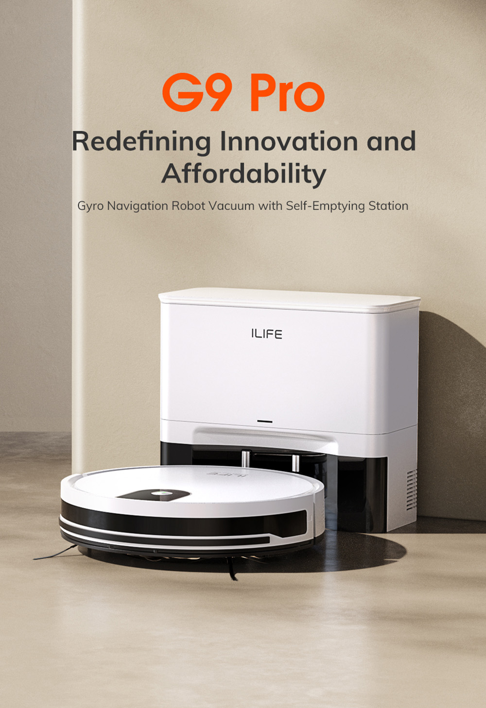 Refurbished ILIFE G9 Pro Robot Vacuum Cleaner, with Self-Emptying Station, Gyroscope Navigation, 3000Pa Suction, 100min Runtime, 2.5L Dust Bag, Plan/Edge/Spot/Max Mode, Support Alexa/Google Home, with Remote Control, White - EU Plug