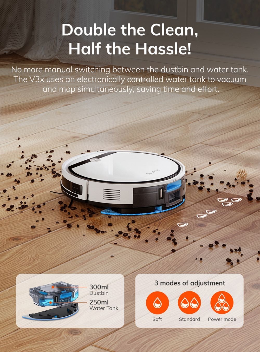 Refurbished ILIFE V3X Robot Vacuum Cleaner, 2 in 1 Vacuum and Mopping, 3000Pa Suction, 300ml Dustbin, Up to 120min Runtime