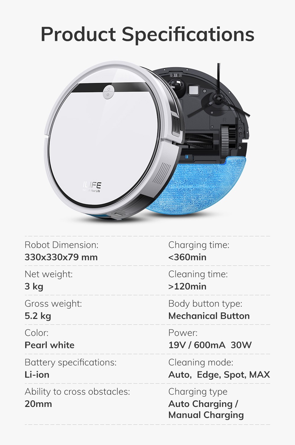 Refurbished ILIFE V3X Robot Vacuum Cleaner, 2 in 1 Vacuum and Mopping, 3000Pa Suction, 300ml Dustbin, Up to 120min Runtime