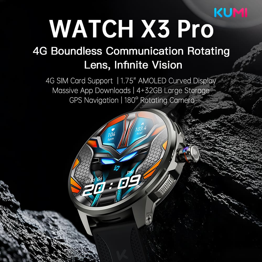KUMI WATCH X3 Pro Smartwatch, 1.75 inch AMOLED Screen, 4G Calling, 4GB RAM 32GB Storage, 2MP Camera, GPS Positioning, Health Monitoring, Multiple Sports Modes - Silver