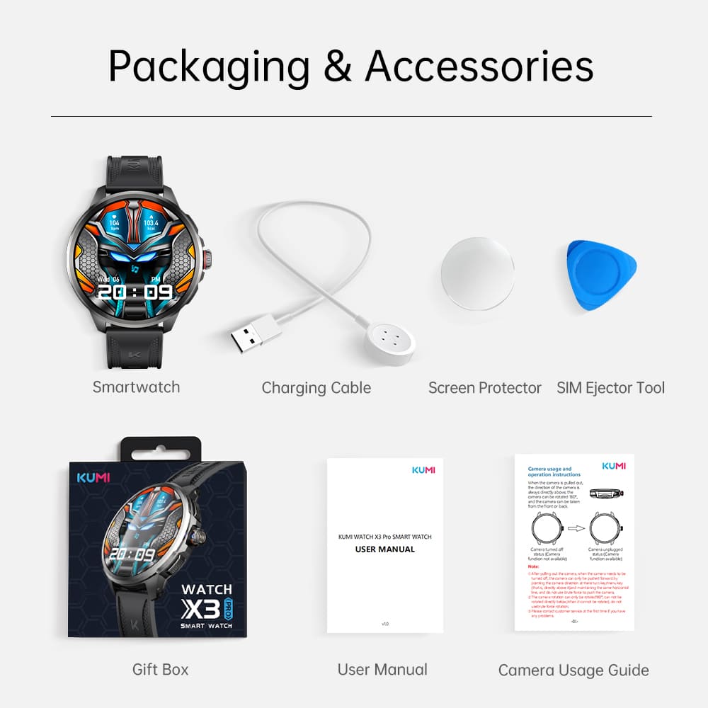 KUMI WATCH X3 Pro Smartwatch, 1.75 inch AMOLED Screen, 4G Calling, 4GB RAM 32GB Storage, 2MP Camera, GPS Positioning, Health Monitoring, Multiple Sports Modes - Silver