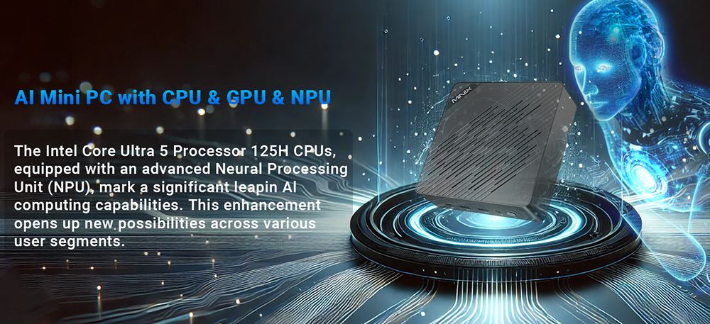 MINIX Elite EU512-AI Mini PC, Intel Core Ultra 5-125H 16 Cores Max 4.8GHz, 16GB DDR5 RAM 512GB SSD, HDMI + DP + Thunderbolt 4 + Type-C Quad 4K 60Hz Display, WiFi 6E Bluetooth 5.3, 2*2.5G RJ45, 4*USB3.2, 1*Audio Jack - US Plug