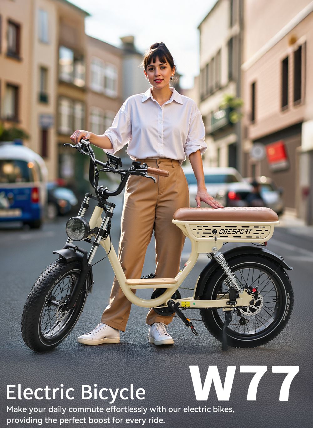 Vélo électrique Onesport W77, moteur 500 W, batterie 48 V 18 Ah, pneus 20 x 4 pouces, vitesse maximale 25 km/h, autonomie 90 km, frein hydraulique, double suspension, transmission Shimano 7 vitesses