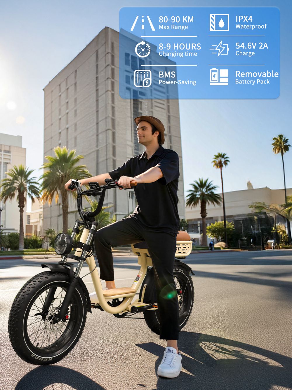 Vélo électrique Onesport W77, moteur 500 W, batterie 48 V 18 Ah, pneus 20 x 4 pouces, vitesse maximale 25 km/h, autonomie 90 km, frein hydraulique, double suspension, transmission Shimano 7 vitesses