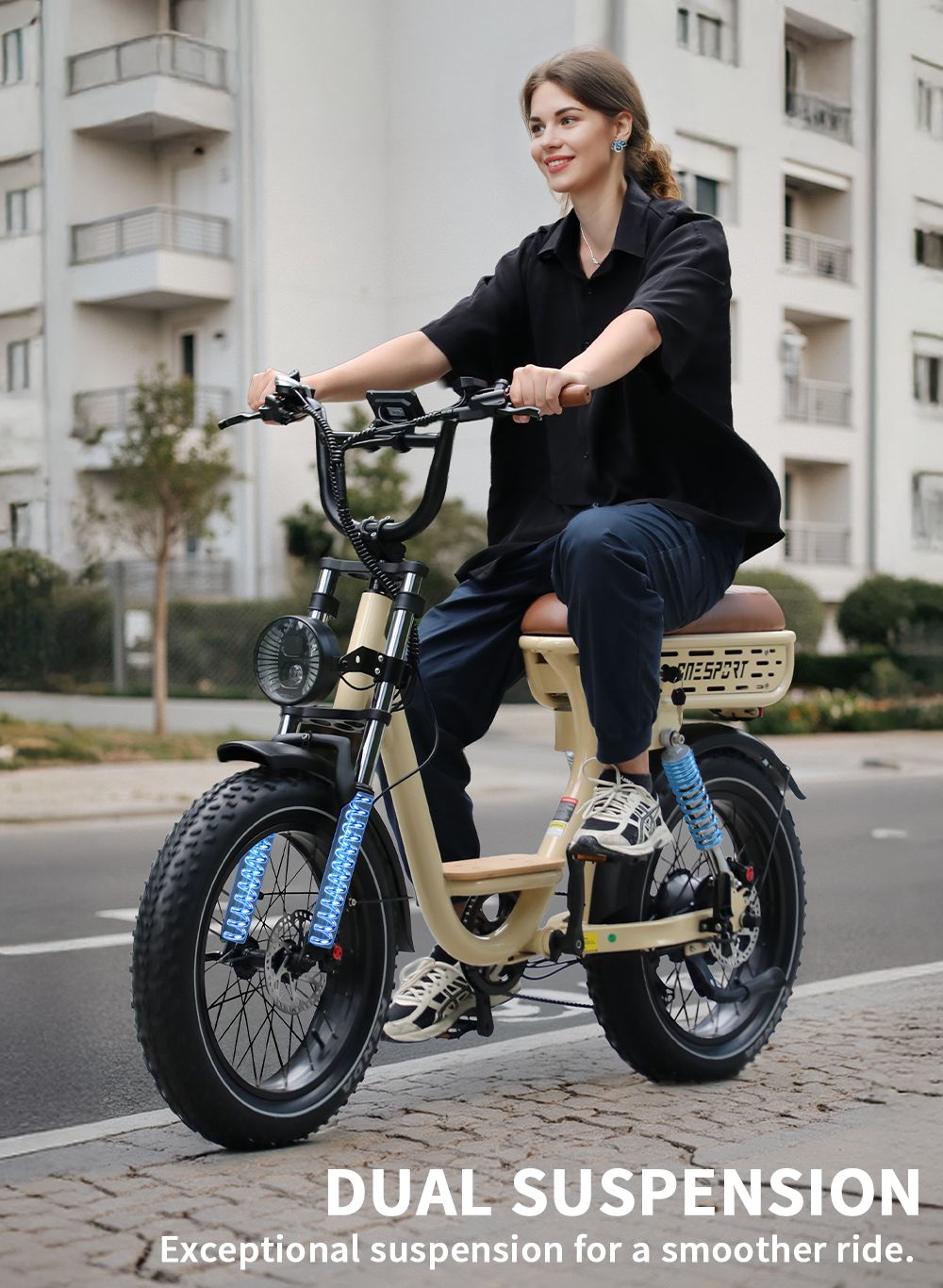 Vélo électrique Onesport W77, moteur 500 W, batterie 48 V 18 Ah, pneus 20 x 4 pouces, vitesse maximale 25 km/h, autonomie 90 km, frein hydraulique, double suspension, transmission Shimano 7 vitesses