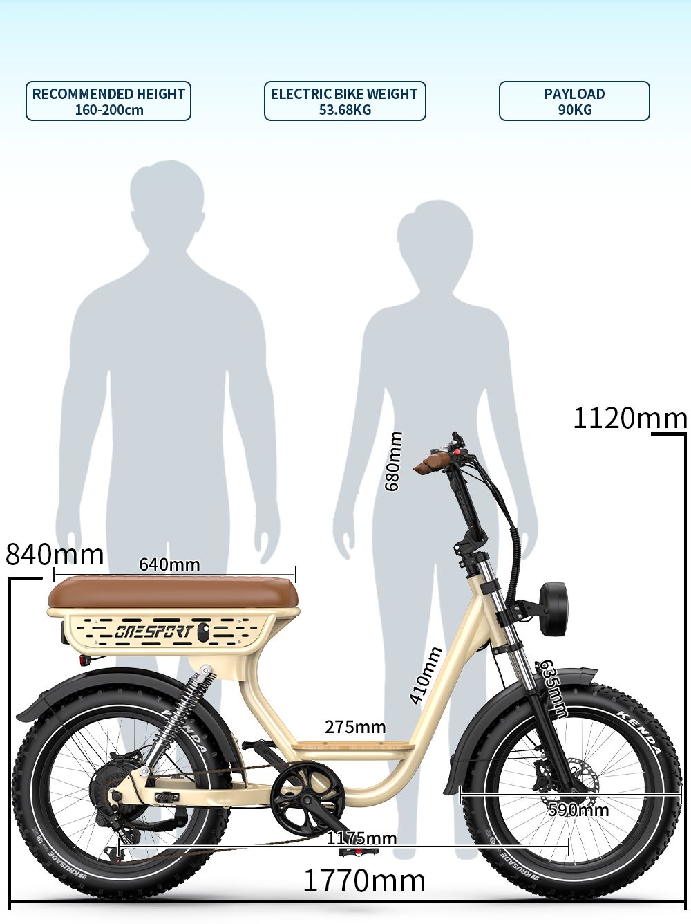 Vélo électrique Onesport W77, moteur 500 W, batterie 48 V 18 Ah, pneus 20 x 4 pouces, vitesse maximale 25 km/h, autonomie 90 km, frein hydraulique, double suspension, transmission Shimano 7 vitesses