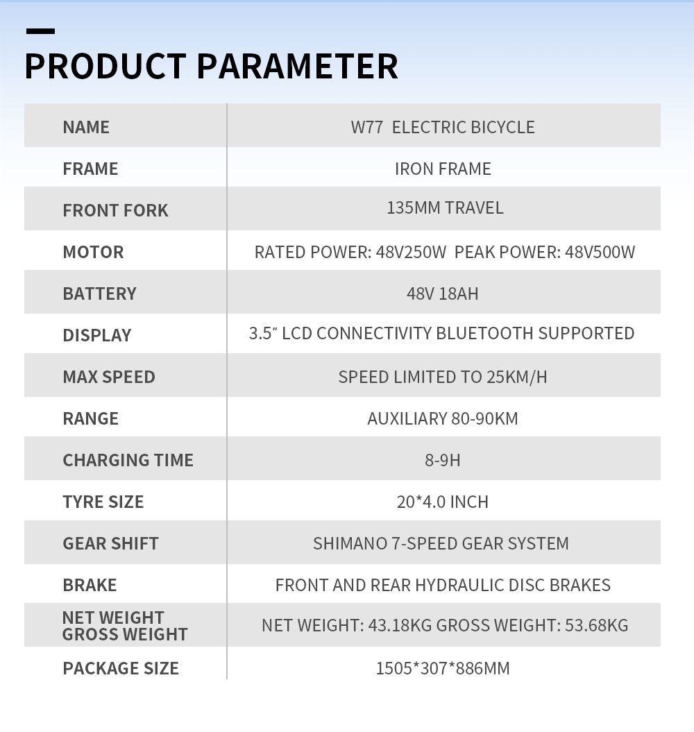 Vélo électrique Onesport W77, moteur 500 W, batterie 48 V 18 Ah, pneus 20 x 4 pouces, vitesse maximale 25 km/h, autonomie 90 km, frein hydraulique, double suspension, Shimano 7 vitesses