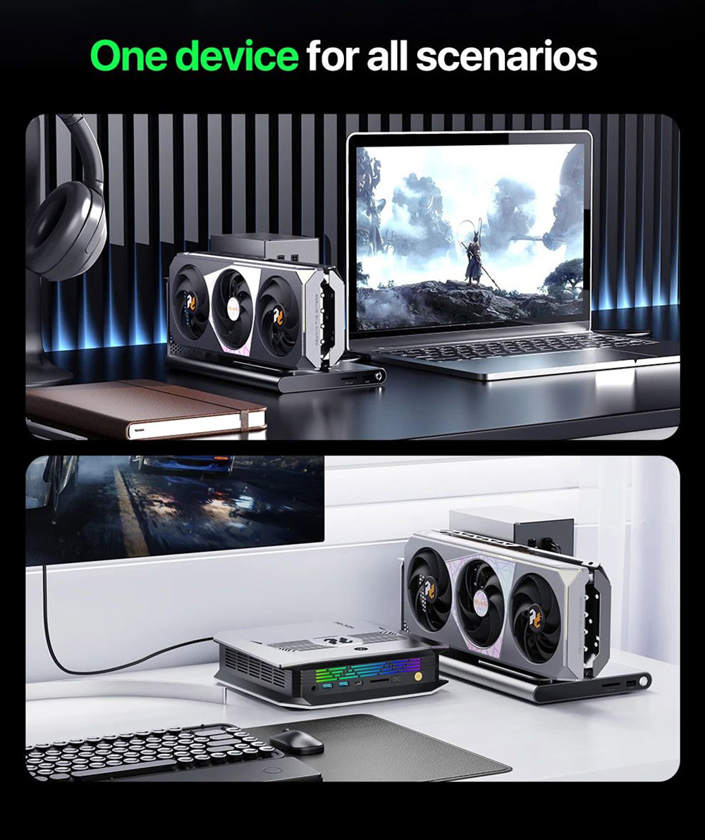 PELADN Link S-3 Laptop eGPU, 1*PCIe x16 Slot, 1*TBT 5 Upstream, 1*TBT 5 Downstream, 1*2.5G RJ45, 1*PCIe 3.0x1 M.2 Slot, 1*USB3.2, 1*SD4.0 Card Reader, Compatible with ATX/SFX Power Supply