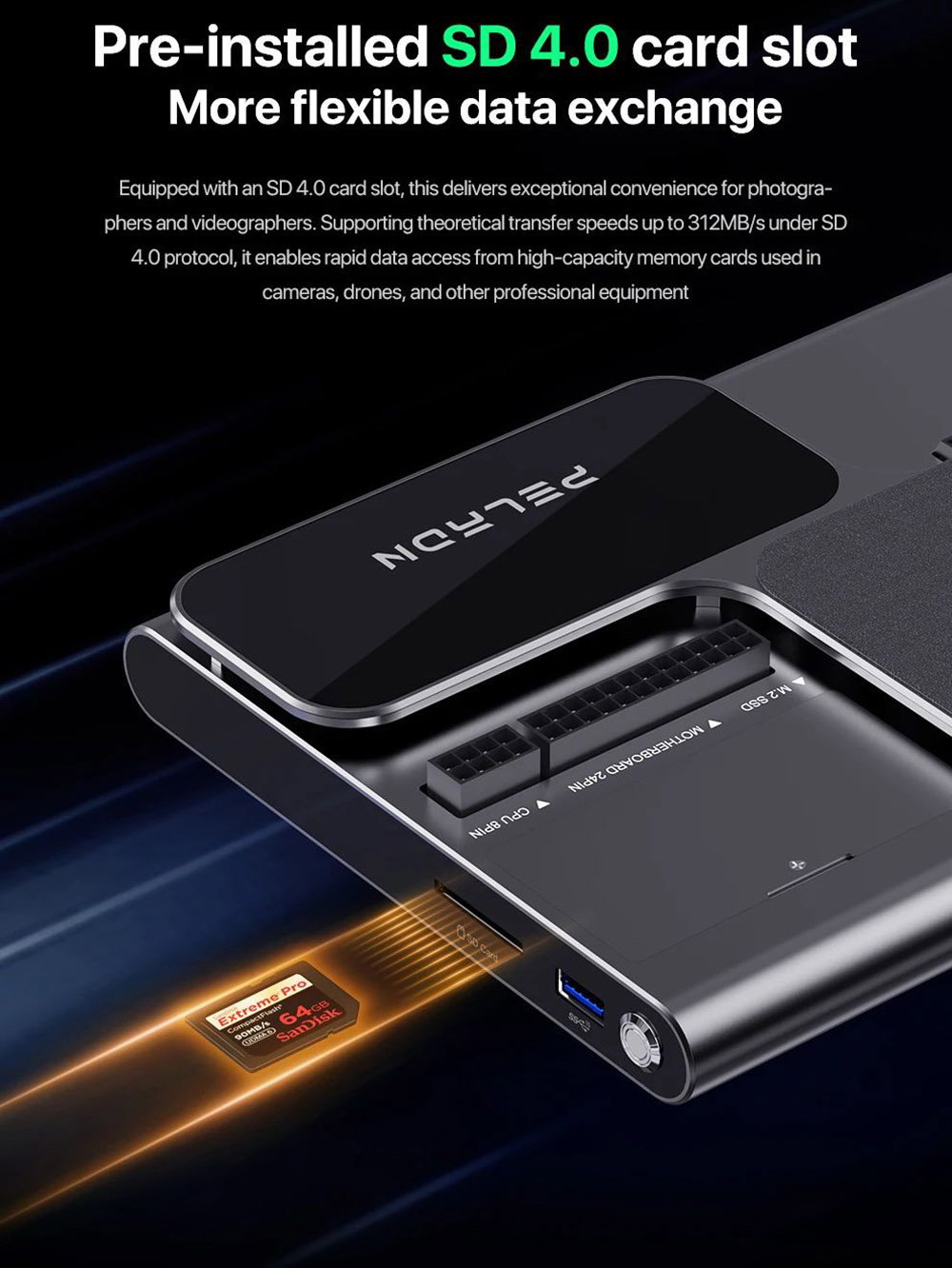 PELADN Link S-3 Laptop eGPU, 1*PCIe x16 Slot, 1*TBT 5 Upstream, 1*TBT 5 Downstream, 1*2.5G RJ45, 1*PCIe 3.0x1 M.2 Slot, 1*USB3.2, 1*SD4.0 Card Reader, Compatible with ATX/SFX Power Supply