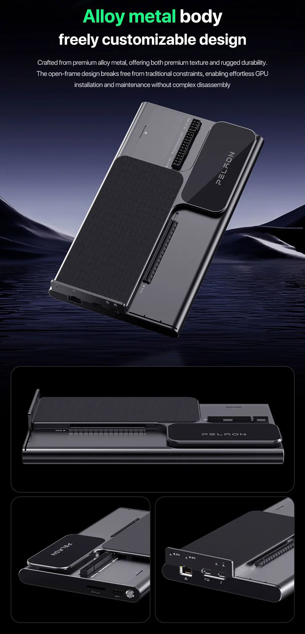 PELADN Link S-3 Laptop eGPU, 1*PCIe x16 Slot, 1*TBT 5 Upstream, 1*TBT 5 Downstream, 1*2.5G RJ45, 1*PCIe 3.0x1 M.2 Slot, 1*USB3.2, 1*SD4.0 Card Reader, Compatible with ATX/SFX Power Supply