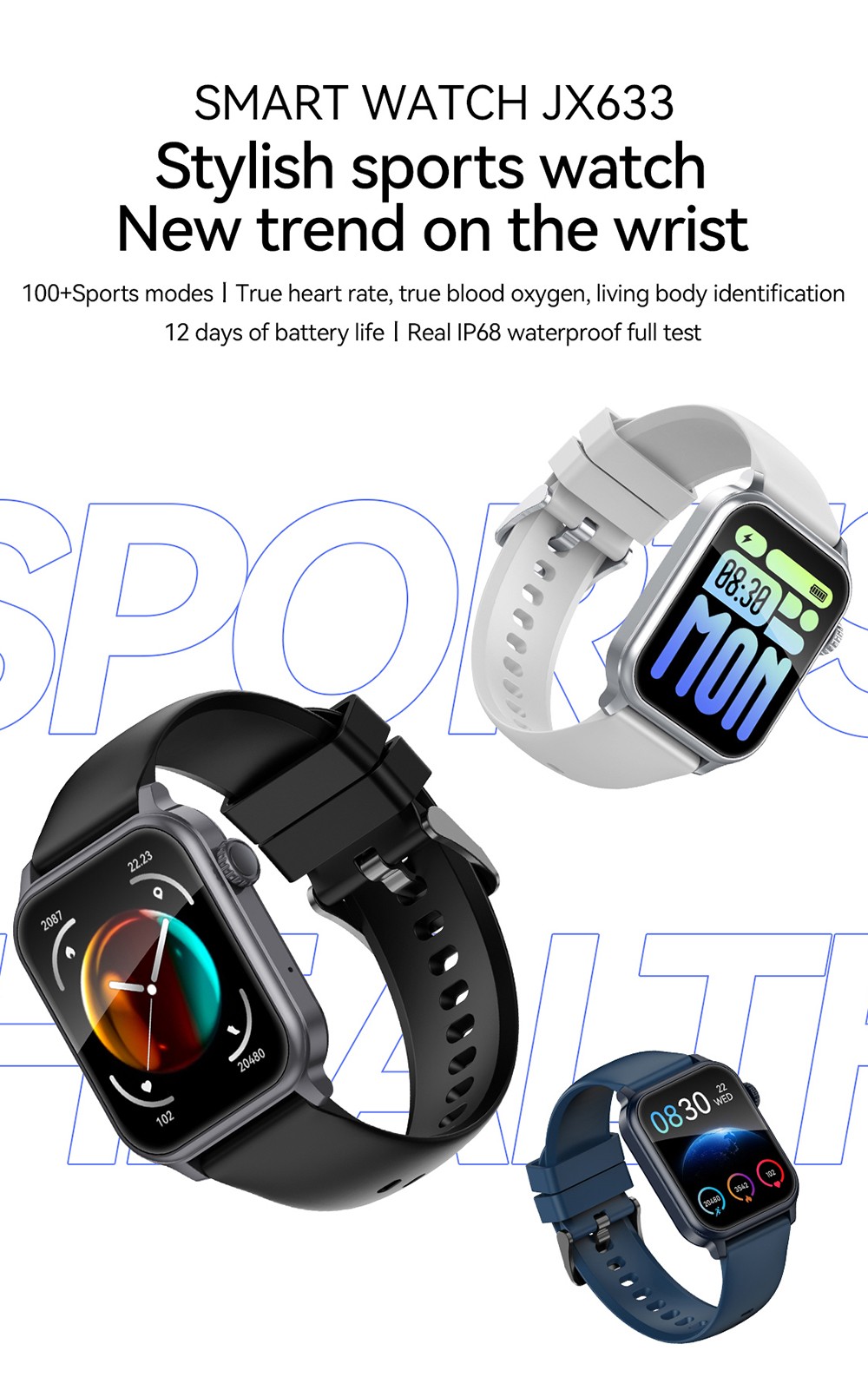 SENBONO JX633 Smartwatch, 1.83 inch Screen, IP68 Waterproof, 600mAh Battery, 100+ Sports Modes, Bluetooth Calling, Sleep Monitoring - Golden