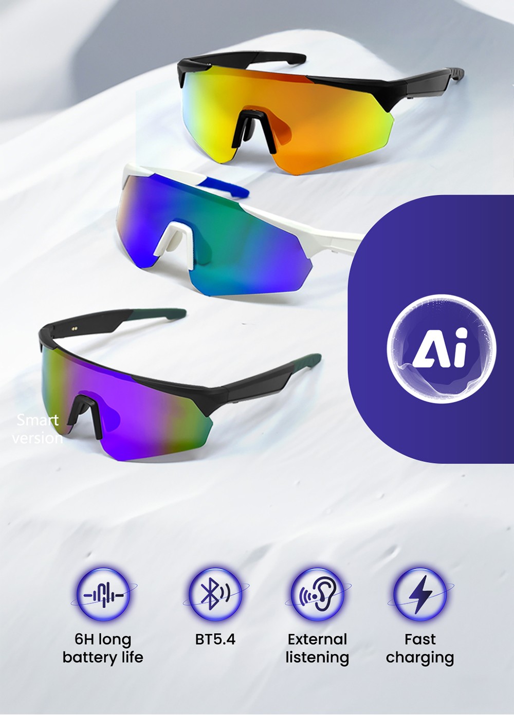 SENBONO QYpro 2 Intelligent Bluetooth Cycling Sunglasses, 6 Hours Battery Life, Al Intelligent Voice Assistant - White Green