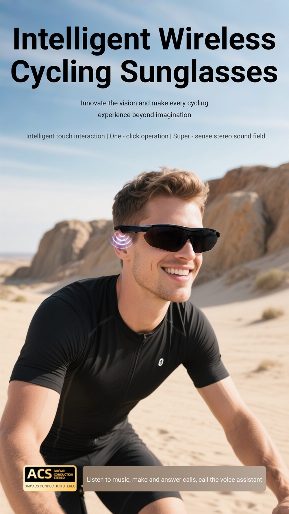SENBONO QYpro 3 Intelligent Bluetooth Cycling Sunglasses, 6 Hours Battery Life, AI Voice Assistant, One-click Control - Black Grey
