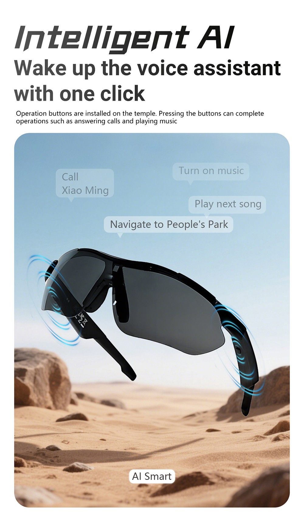 SENBONO QYpro 3 Intelligent Bluetooth Cycling Sunglasses, 6 Hours Battery Life, AI Voice Assistant, One-click Control - Black Grey