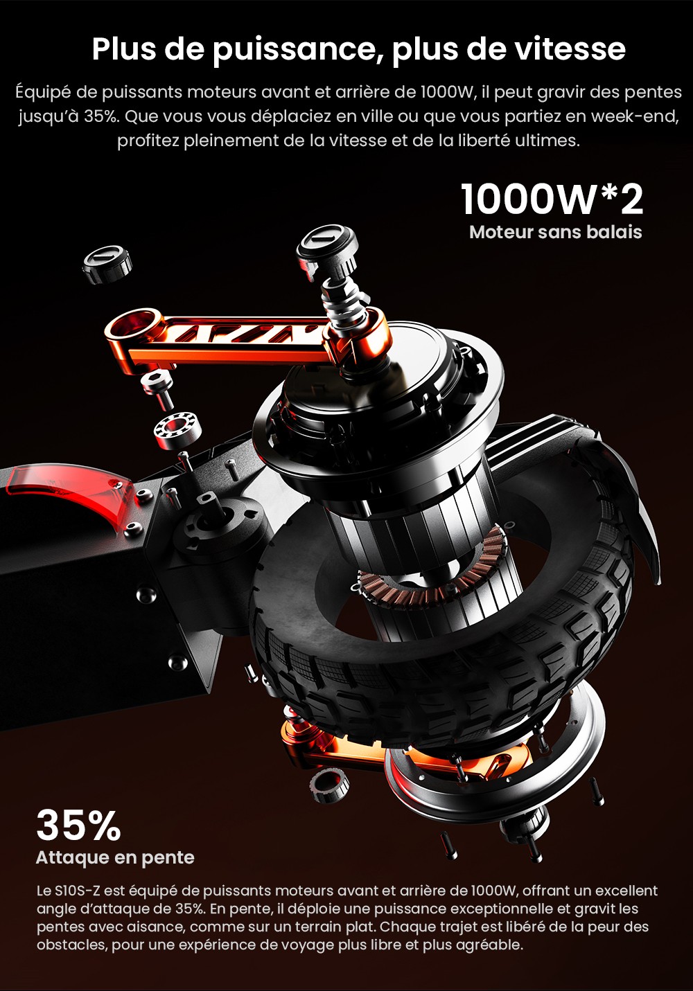 Joyor S10-S-Z Trottinette électrique, Pneus tout-terrain 10 pouces, Batterie 60V 18Ah, Double moteur 1000W*2, Autonomie 70-85KM, Charge 120KG, Freins à disque hydrauliques doubles, Amortisseur, Clignotant, Mise à jour de S10-S - Noir