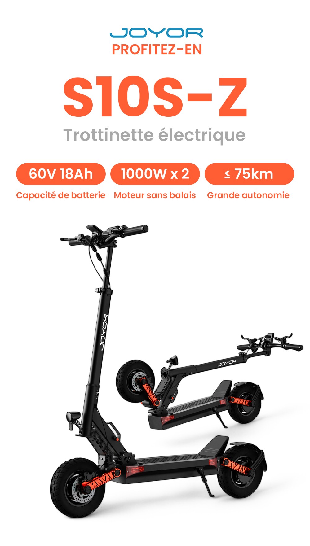 Joyor S10-S-Z Trottinette électrique, Pneus tout-terrain 10 pouces, Batterie 60V 18Ah, Double moteur 1000W*2, Autonomie 70-85KM, Charge 120KG, Freins à disque hydrauliques doubles, Amortisseur, Clignotant, Mise à jour de S10-S - Noir