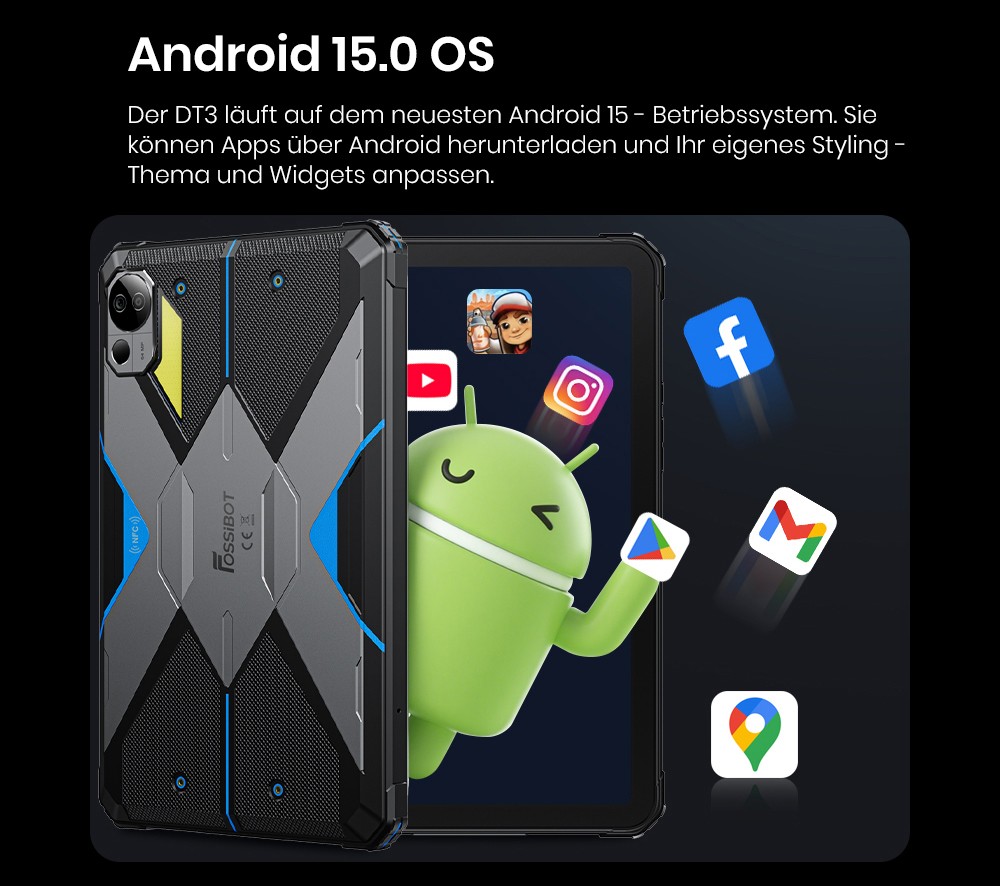 FOSSiBOT DT3 5G Rugged Tablet, Android 15, 10,4 Zoll 1200x2000 Display, 12GB RAM 256GB ROM, WiFi 6, 21560mAh Akku 66W Schnellladung, 64MP+32MP Kamera, LED-Taschenlampe, NFC, GPS/GALILEO/GLONASS/QZSS/BEIDOU/NavIC, Fingerabdruck- & Face ID-Entsperrung - Grau