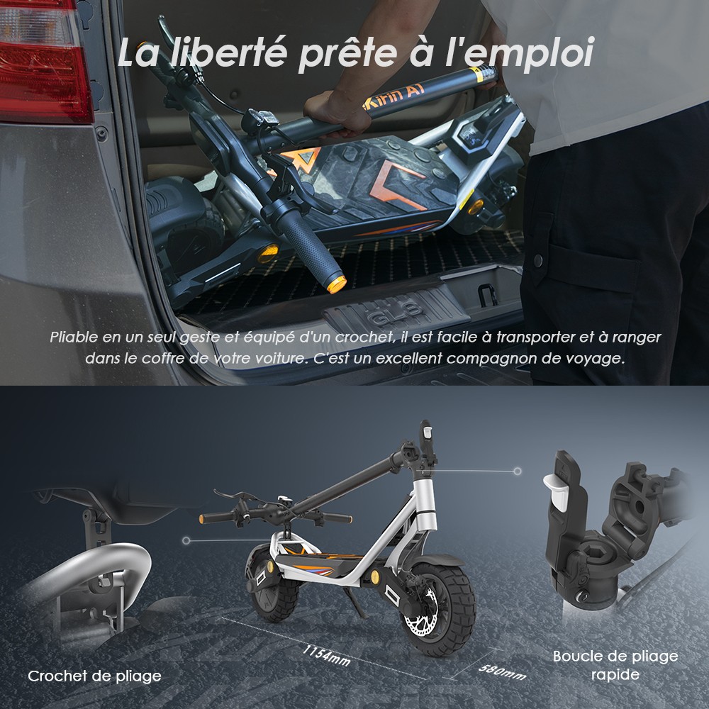 Kukirin A1 Trottinette électrique pliable, moteur 800 W, batterie 48 V 13 Ah, pneu à vide de 10 pouces, vitesse maximale de 45 km/h, autonomie de 45 km, freins à disque avant et arrière, amortisseurs avant et arrière