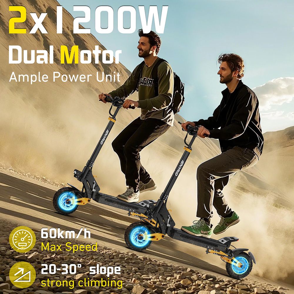 iENYRID ES1 Trottinette électrique, moteur 250 W x 2, batterie 48 V 20,8 Ah, pneus tout-terrain 10 pouces, vitesse maximale 25 km/h, autonomie 60 km, freins à double disque, suspension à ressort hydraulique avant et arrière, régulateur de vitesse